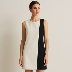 Theory‎ Ranulag Colorblock Size 4 Sleeveless Shift Dress Black Ivory Silk Wool